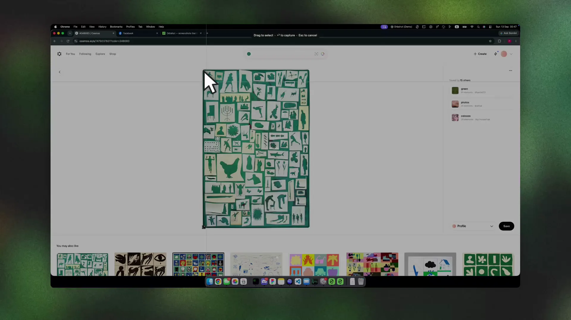 Orbshot selecting several regions of a Pinterest page, then opening the quick capture panel beside the selection.